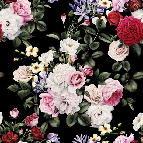 Tkanina Dekoracyjna Kwiaty Malowane na Czarnym Tle 401015-101 - 2